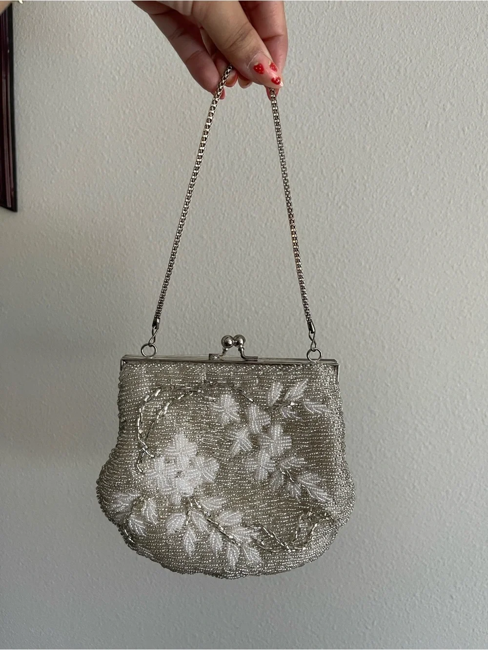 Vintage Silver Beaded Floral Evening Bag